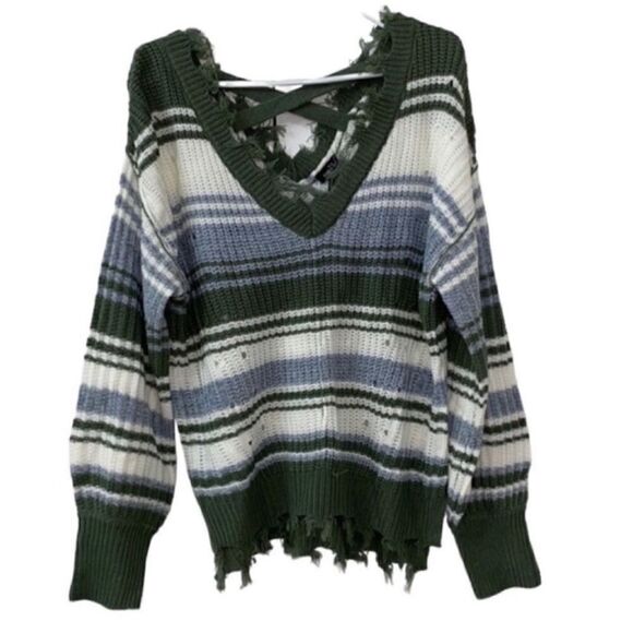 Rue21 Striped Distressed Green & White Sweater(Size Small) - Picture 2 of 7